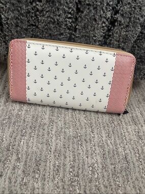 Nautical Anchor Print Zip Wallet in White and Coral